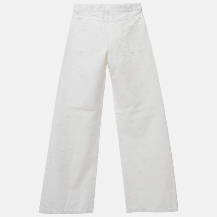 Pre Owned Dior Kids White Heart Logo Embossed Cotton Drill Wide Leg Trousers 13 Yrs