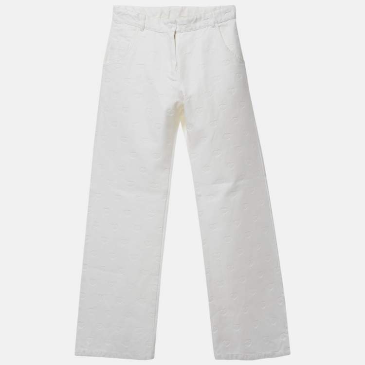 Pre Owned Dior Kids White Heart Logo Embossed Cotton Drill Wide Leg Trousers 13 Yrs