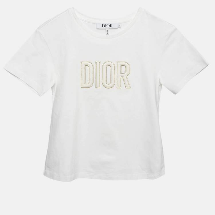 Pre Owned Dior Kids White Logo Embroidered Jersey T-Shirt 8Yrs