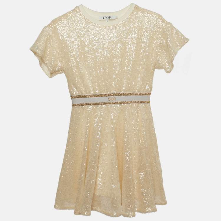 Pre Owned Dior Kids Cream Jersey & Sequin Skater Dress 8 Yrs