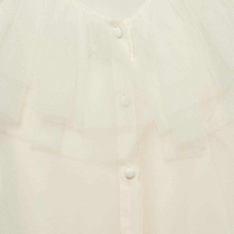 Pre Owned Dior Cream Tulle Ruffle Detail Long Sleeve Silk Blouse 8 Yrs