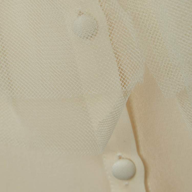 Pre Owned Dior Cream Tulle Ruffle Detail Long Sleeve Silk Blouse 8 Yrs