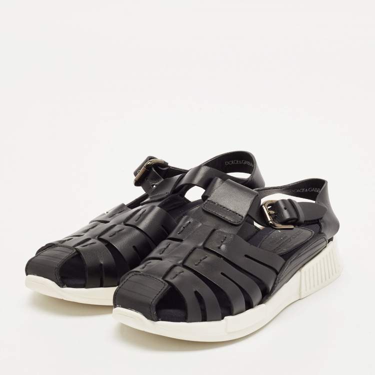 Pre Owned Dolce & Gabbana Black Leather Flat Sandals Size 31