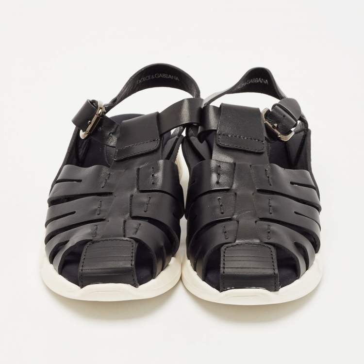 Pre Owned Dolce & Gabbana Black Leather Flat Sandals Size 31