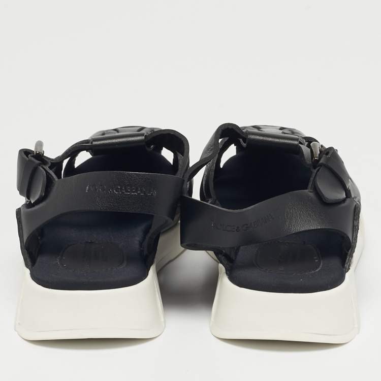 Pre Owned Dolce & Gabbana Black Leather Flat Sandals Size 30