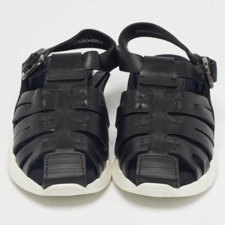 Pre Owned Dolce & Gabbana Black Leather Flat Sandals Size 30