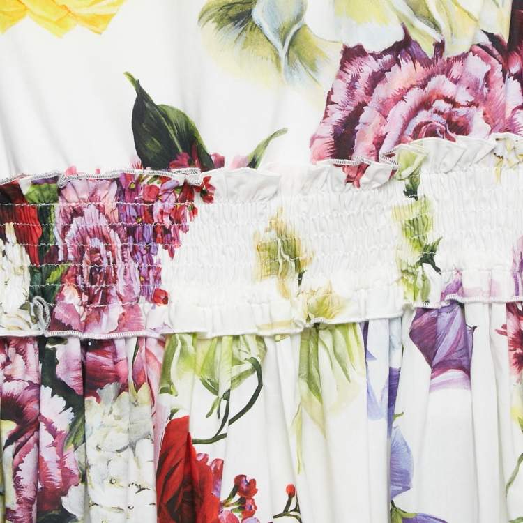 Pre Owned Dolce & Gabbana White Floral Print Poplin Smocking Effect Dress 11-12 Yrs 