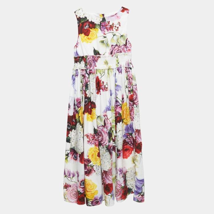 Pre Owned Dolce & Gabbana White Floral Print Poplin Smocking Effect Dress 11-12 Yrs 