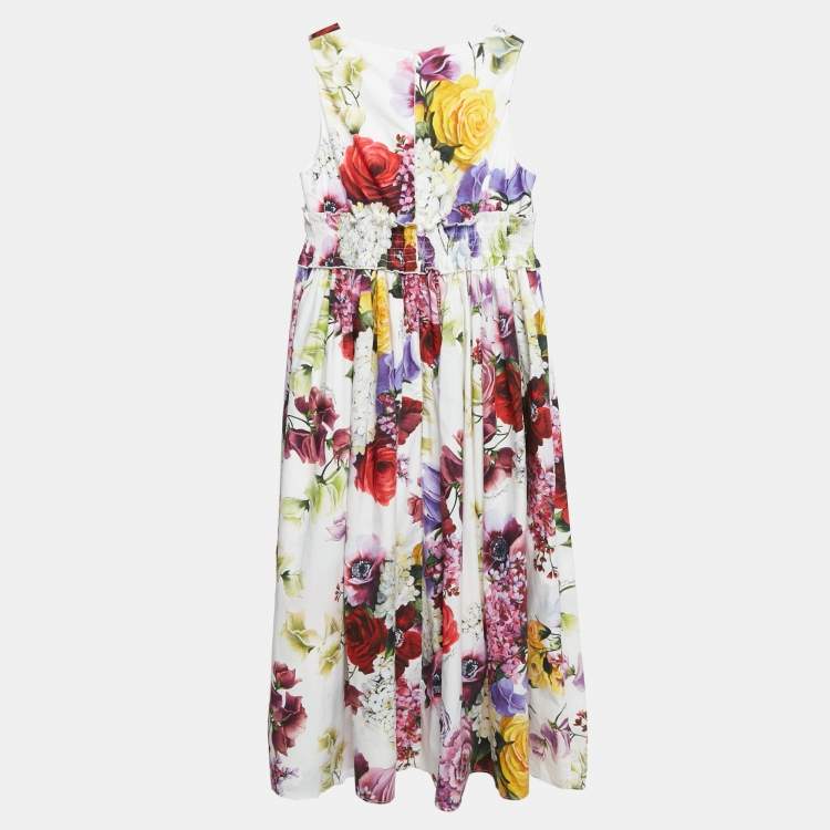 Pre Owned Dolce & Gabbana White Floral Print Poplin Smocking Effect Dress 11-12 Yrs 