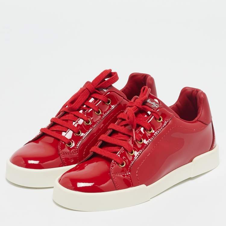 Pre Owned Dolce & Gabbana Red Patent Leather Low Top Sneakers Size 32