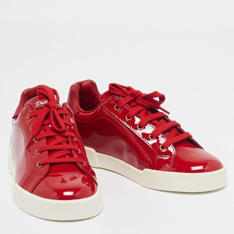 Pre Owned Dolce & Gabbana Red Patent Leather Low Top Sneakers Size 32