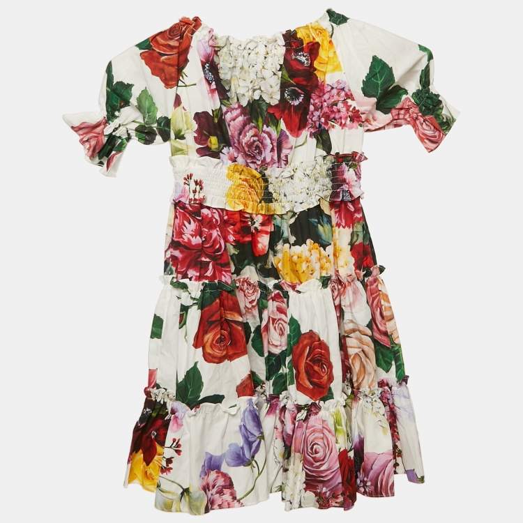 مملوكة مسبقًا Dolce & Gabbana Kids White Floral Print Cotton Smocked Dress 4 Yrs