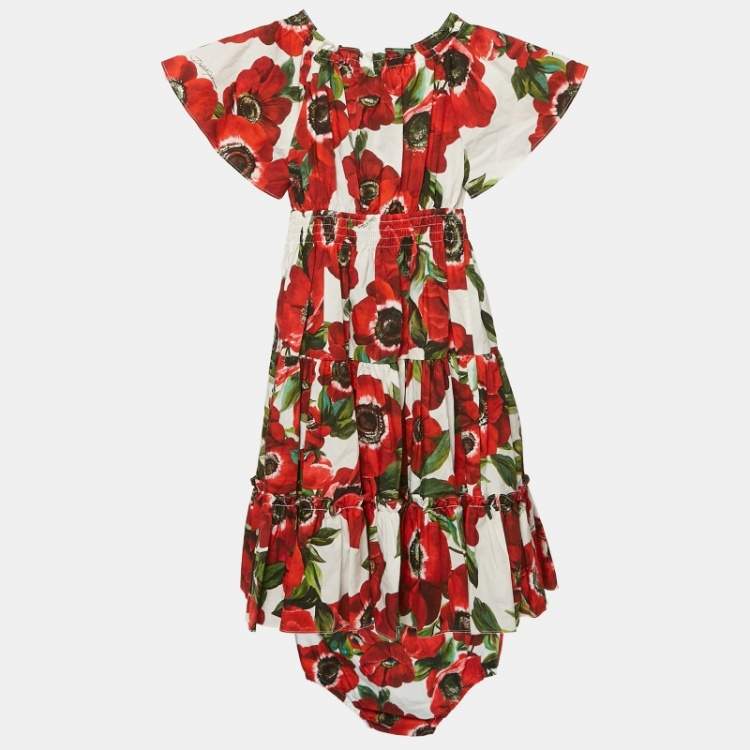 Pre Owned Dolce & Gabbana Kids Red Floral Print Cotton Tiered Dress and Shorts Set 24-30 M
