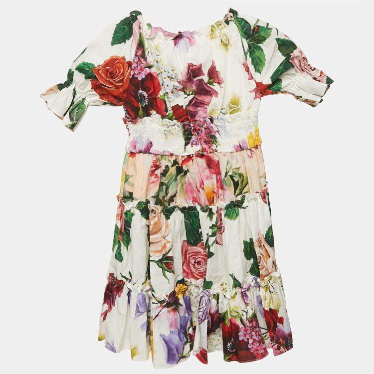 مملوكة مسبقًا Dolce & Gabbana Kids White Floral Print Cotton Tiered Dress 3 Yrs