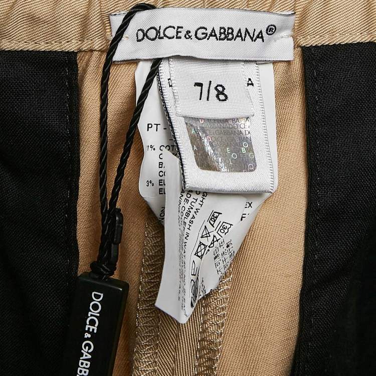 Pre Owned Dolce & Gabbana Kids Beige/Black Logo Applique Gabardine Trousers 7/8 Yrs 