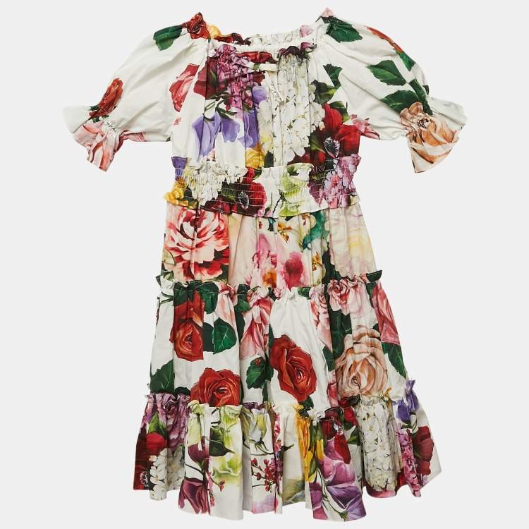 Pre Owned Dolce & Gabbana Kids White Floral Print Cotton Tiered Dress 4 Yrs