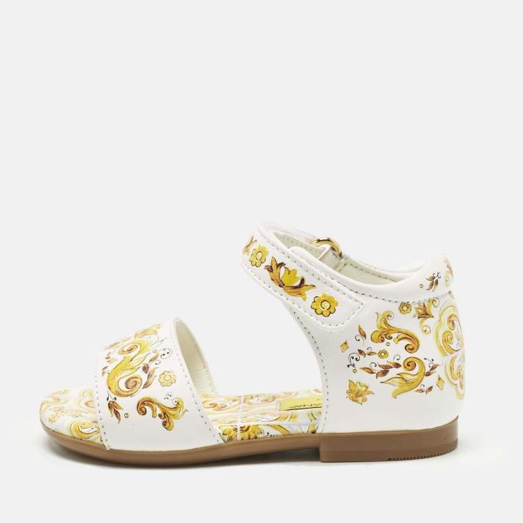 Pre Owned Dolce & Gabbana Yellow/White Majolica Print Leather Flat Sandals Size 21