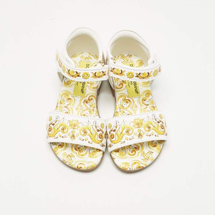 Pre Owned Dolce & Gabbana Yellow/White Majolica Print Leather Flat Sandals Size 21