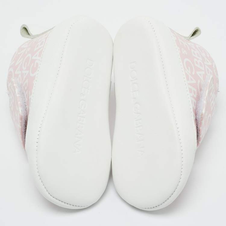 Pre Owned Dolce & Gabbana Pink/White Logo Print Leather Mid Top Sneakers Size 16