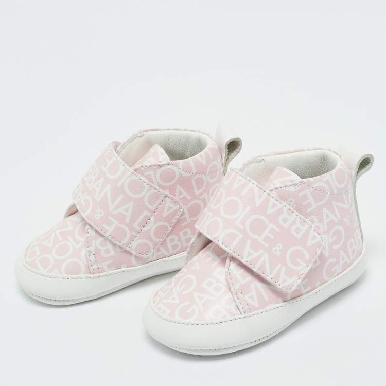 Pre Owned Dolce & Gabbana Pink/White Logo Print Leather Mid Top Sneakers Size 16
