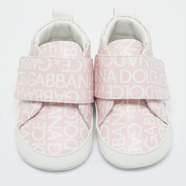 Pre Owned Dolce & Gabbana Pink/White Logo Print Leather Mid Top Sneakers Size 16