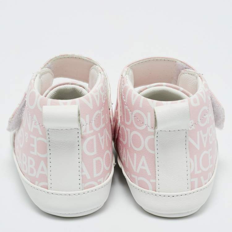 Pre Owned Dolce & Gabbana Pink/White Logo Print Leather Mid Top Sneakers Size 16