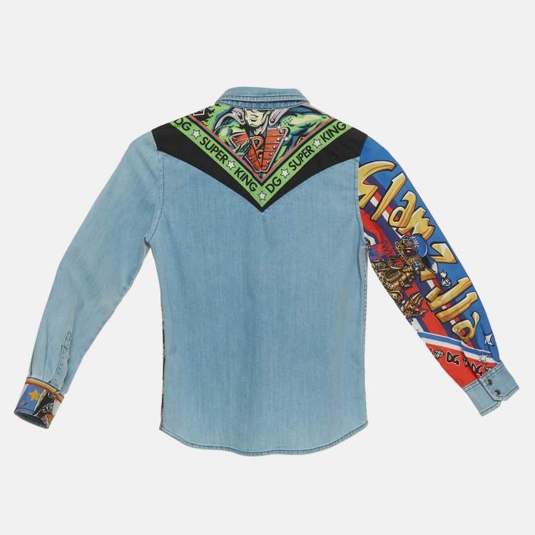 Pre Owned Dolce & Gabbana Kids Blue DG Super King Print Denim Shirt 7/8 Yrs