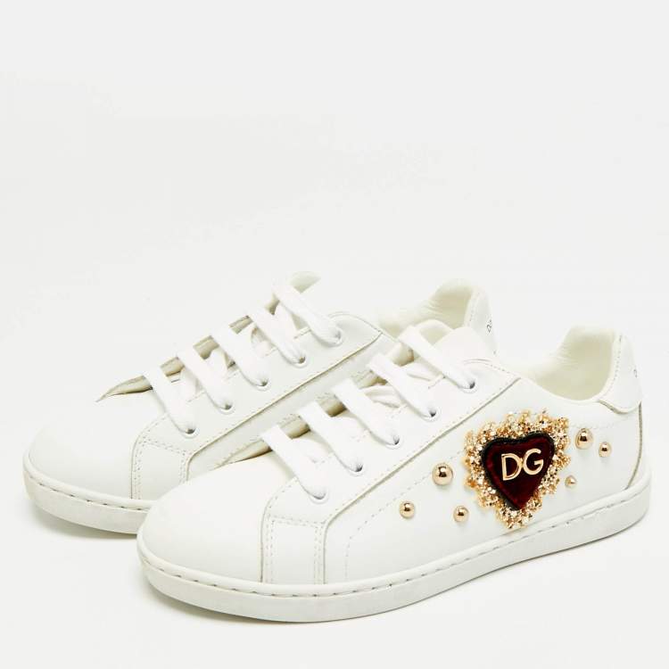 Pre Owned Dolce & Gabbana Size 30 White Leather Embellished Heart Portofino Sneakers