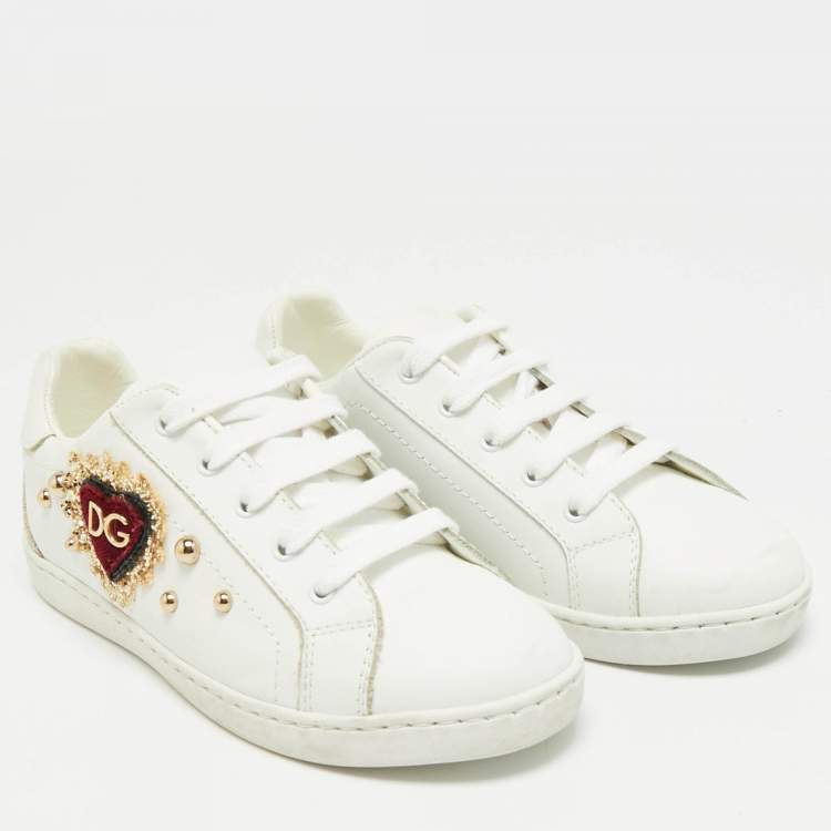 Pre Owned Dolce & Gabbana Size 30 White Leather Embellished Heart Portofino Sneakers