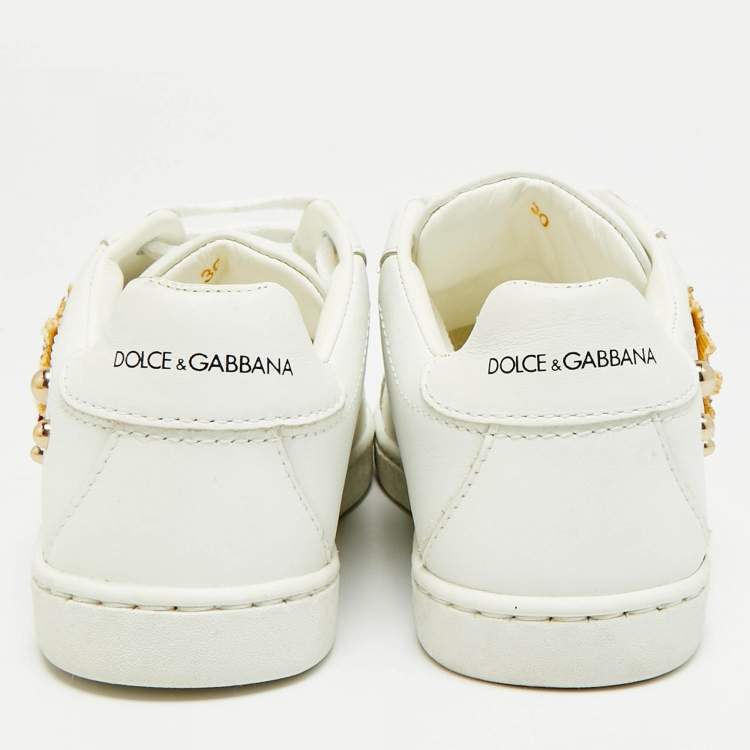 Pre Owned Dolce & Gabbana Size 30 White Leather Embellished Heart Portofino Sneakers