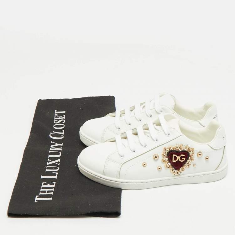 Pre Owned Dolce & Gabbana Size 30 White Leather Embellished Heart Portofino Sneakers