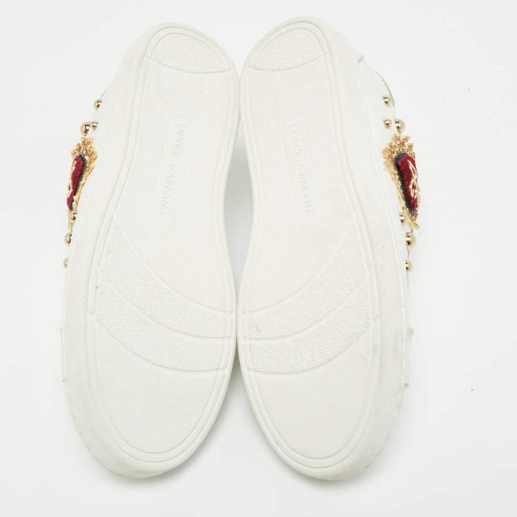 Pre Owned Dolce & Gabbana Size 30 White Leather Embellished Heart Portofino Sneakers