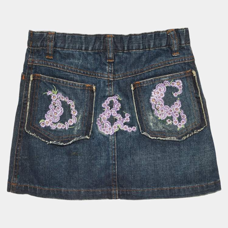 Pre Owned D&G Junior Blue Floral Logo Embroidered Denim Skirt 6 Yrs