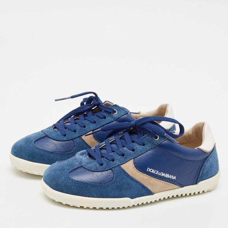 Pre Owned Dolce & Gabbana Blue Leather and Suede Low Top Sneakers Size 33