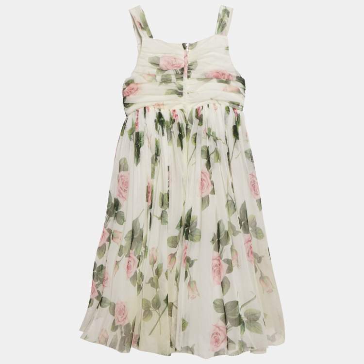Pre Owned Dolce & Gabbana Kids White Tropical Rose Print Tulle Midi Dress 11/12 Yrs 