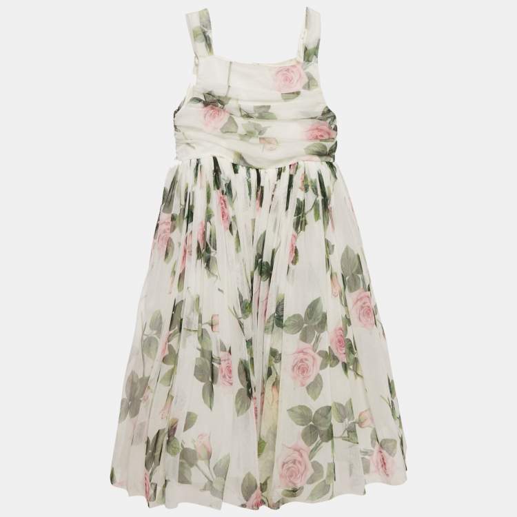 Pre Owned Dolce & Gabbana Kids White Tropical Rose Print Tulle Midi Dress 11/12 Yrs 