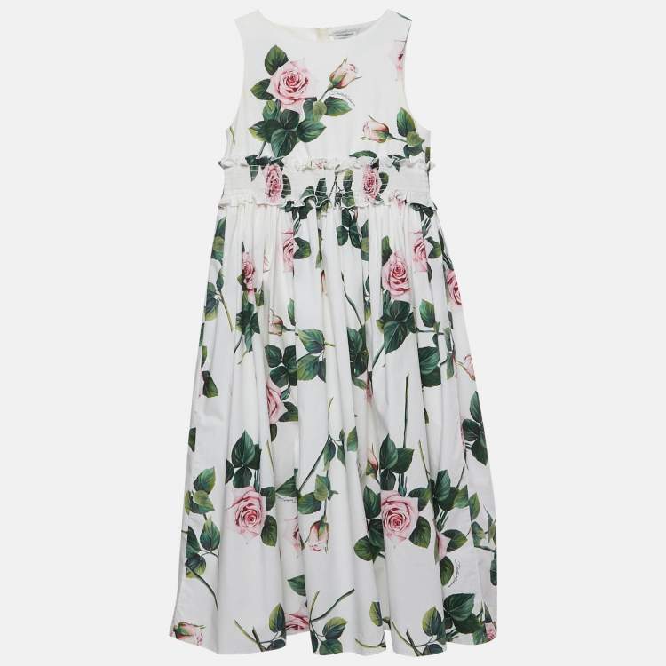 Pre Owned Dolce & Gabbana Kids White Floral Print Poplin Shirred Waist Midi Dress 11/12 Yrs