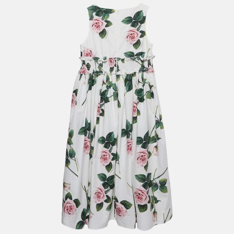 Pre Owned Dolce & Gabbana Kids White Floral Print Poplin Shirred Waist Midi Dress 11/12 Yrs
