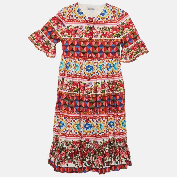 Pre Owned Dolce & Gabbana Multicolor Carretto Con Rose Print Cotton Flouce Dress 6 Yrs