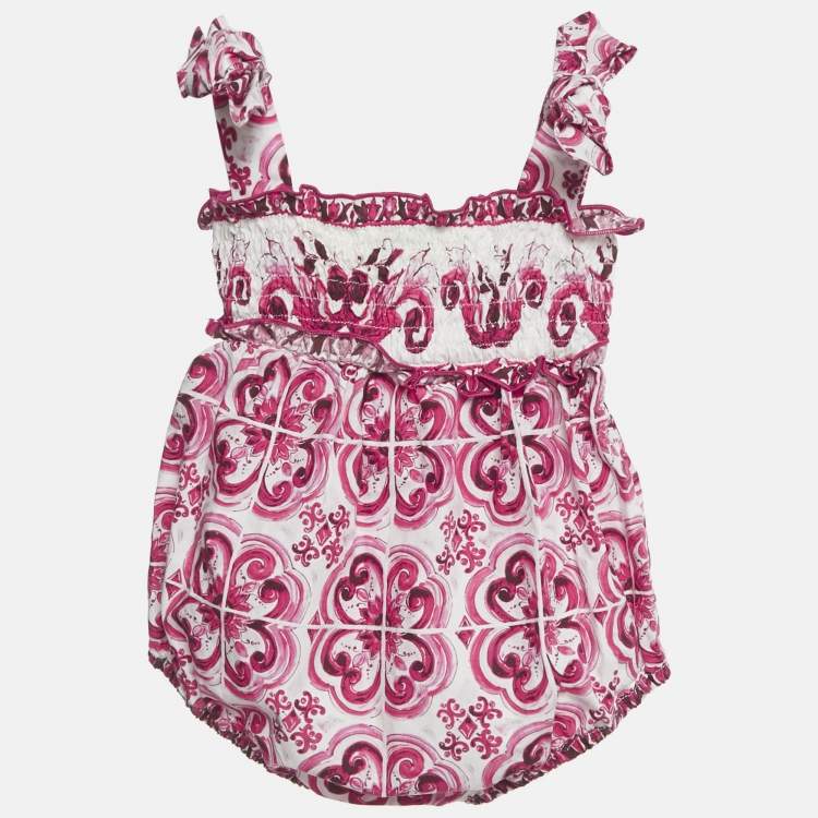 Pre Owned Dolce & Gabbana Kids Pink Majolica Print Cotton Romper 0-3M