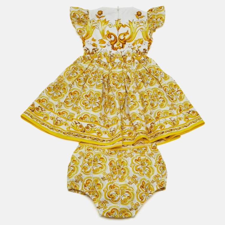 Pre Owned Dolce & Gabbana Kids Yellow Majolica Print Cotton Dress & Shorts Set 12/18 Months 