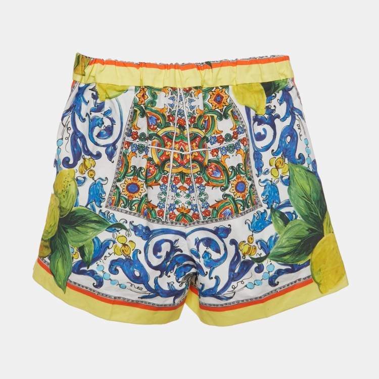 Pre Owned Dolce & Gabbana Kids Yellow/Blue Majolica Print Poplin Shorts 6Yrs