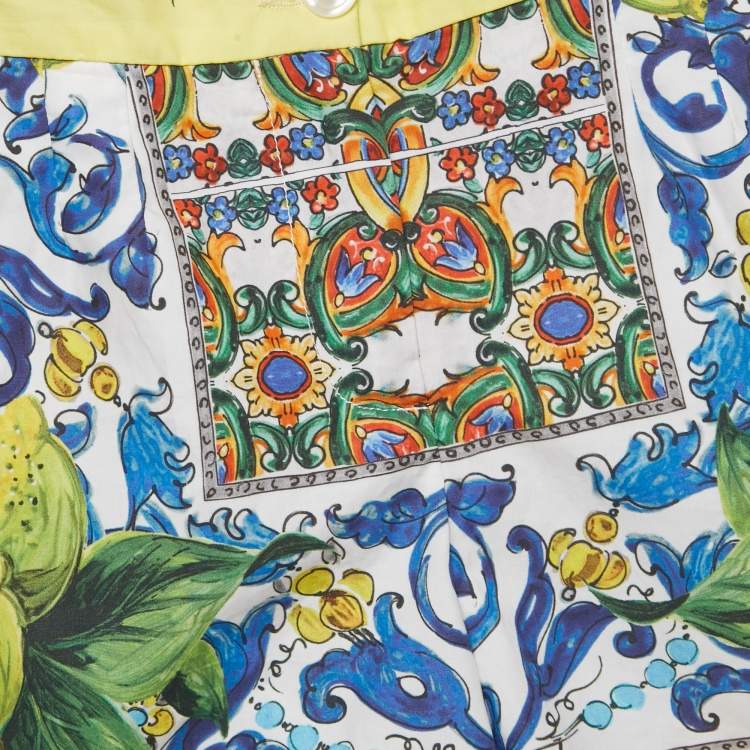 Pre Owned Dolce & Gabbana Kids Yellow/Blue Majolica Print Poplin Shorts 6Yrs