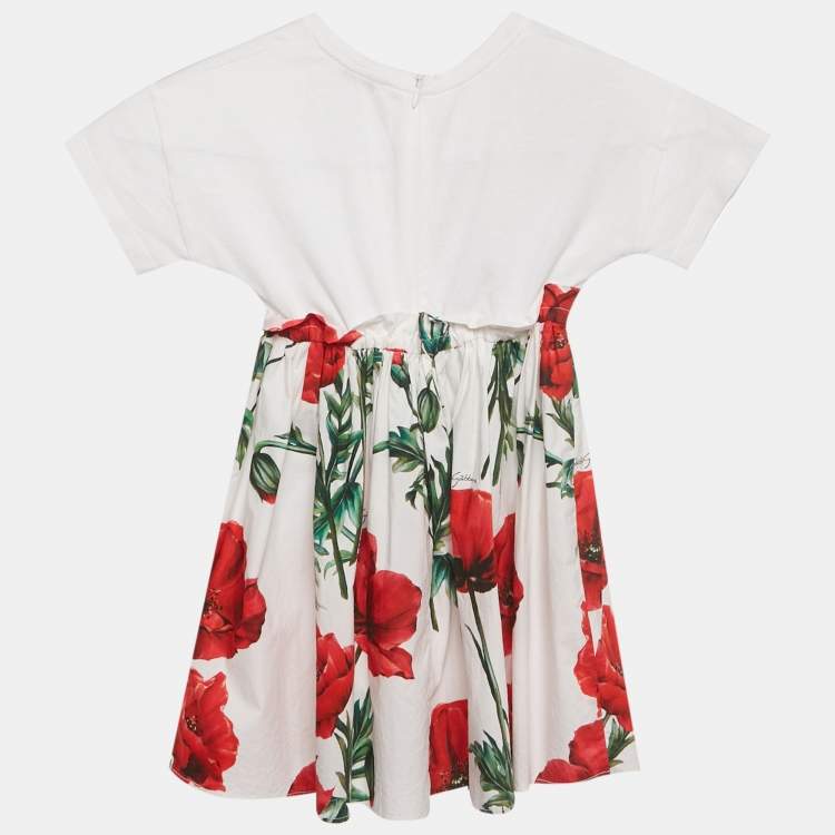 Pre Owned Dolce & Gabbana Kids White/Red Poppy Print Cotton Happy Garden Dress 3Y 
