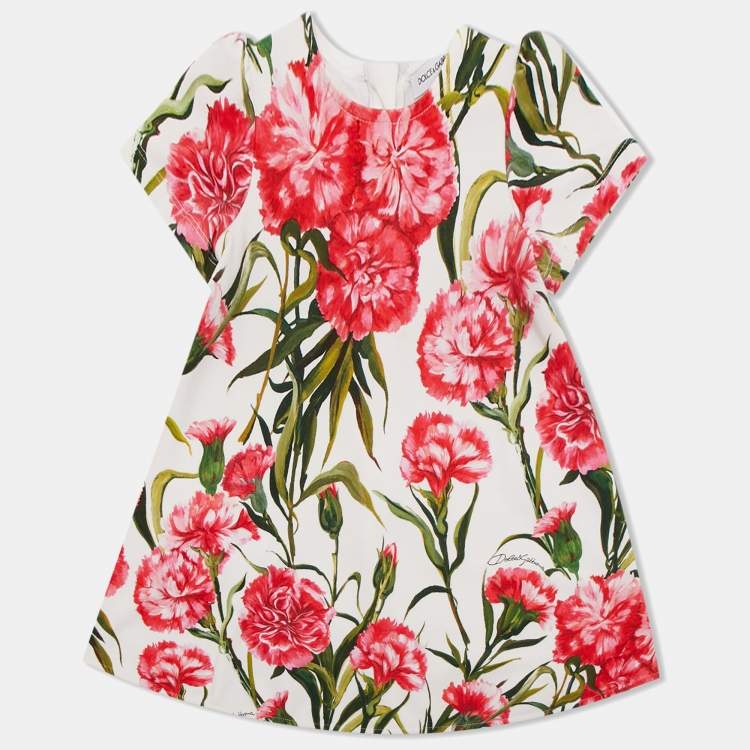 Pre Owned Dolce & Gabbana White Carnation Printed Stretch Cotton Dress 12-18 months