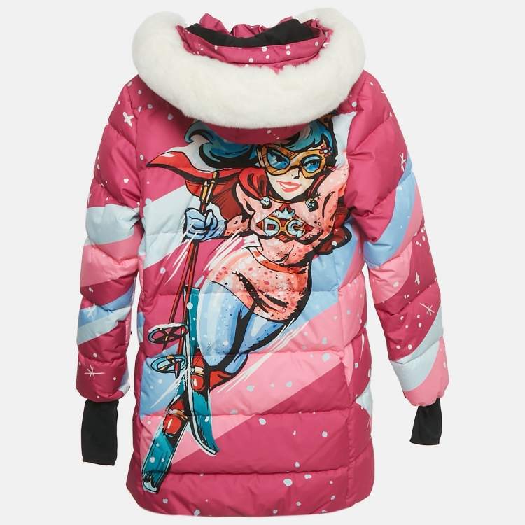 مملوكة مسبقًا Dolce & Gabbana Pink Printed Synthetic Fur Trim Down Jacket Size11/12Yrs