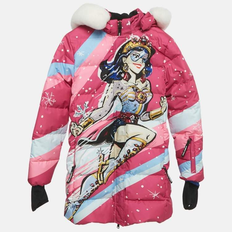 مملوكة مسبقًا Dolce & Gabbana Pink Printed Synthetic Fur Trim Down Jacket Size11/12Yrs