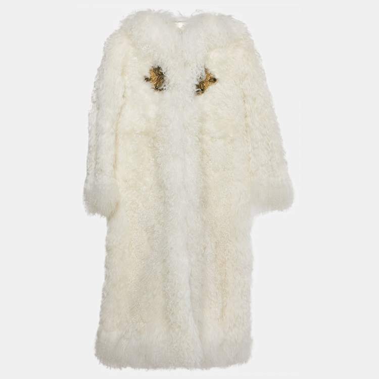 Pre Owned Dolce & Gabbana White Lamb Fur Apllique Detail Coat 7-8 Years