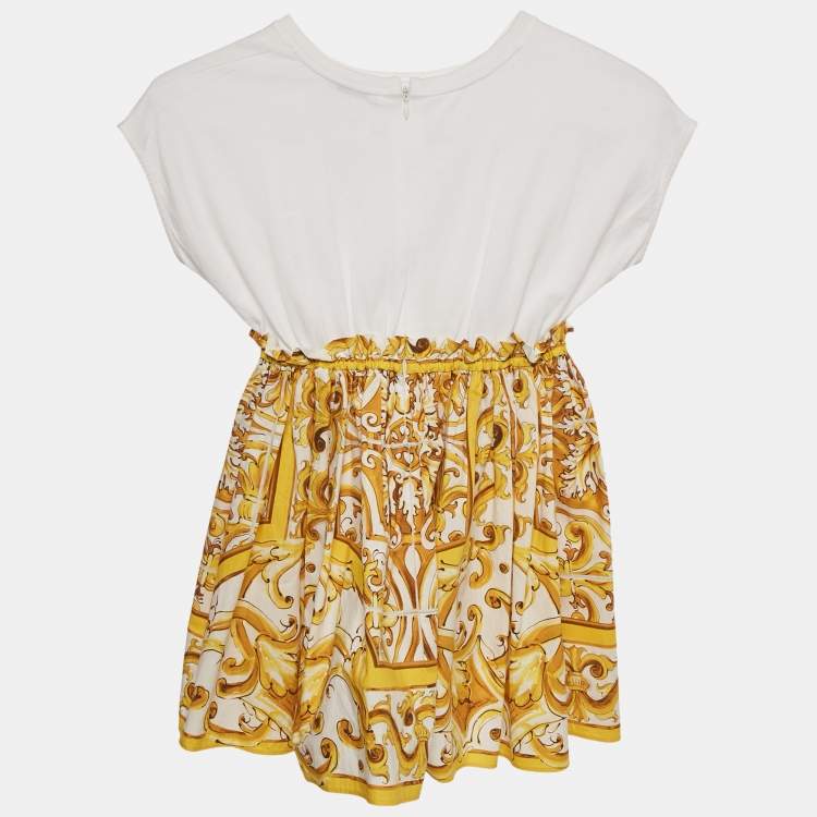 Pre Owned Dolce & Gabbana Kids White/Yellow Majolica Print Cotton Dress 4Yrs