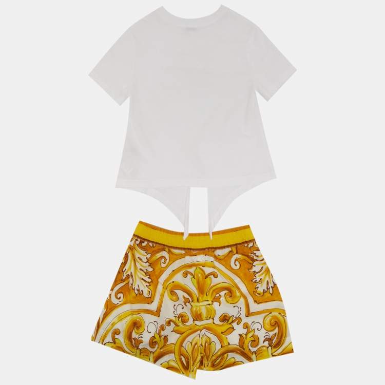 Pre Owned Dolce & Gabbana Kids White/Yellow Majolica Print Jersey and Poplin Set 4Yrs